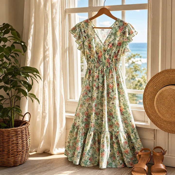 Floral V-Neck Smocked Waist Midi Dress