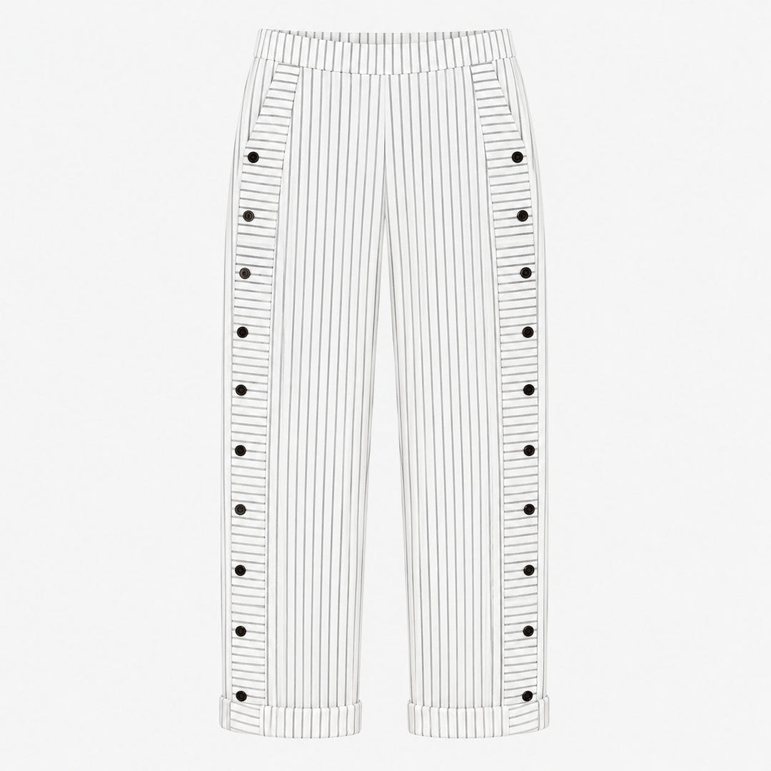 Striped Cotton Pants with Button Trim