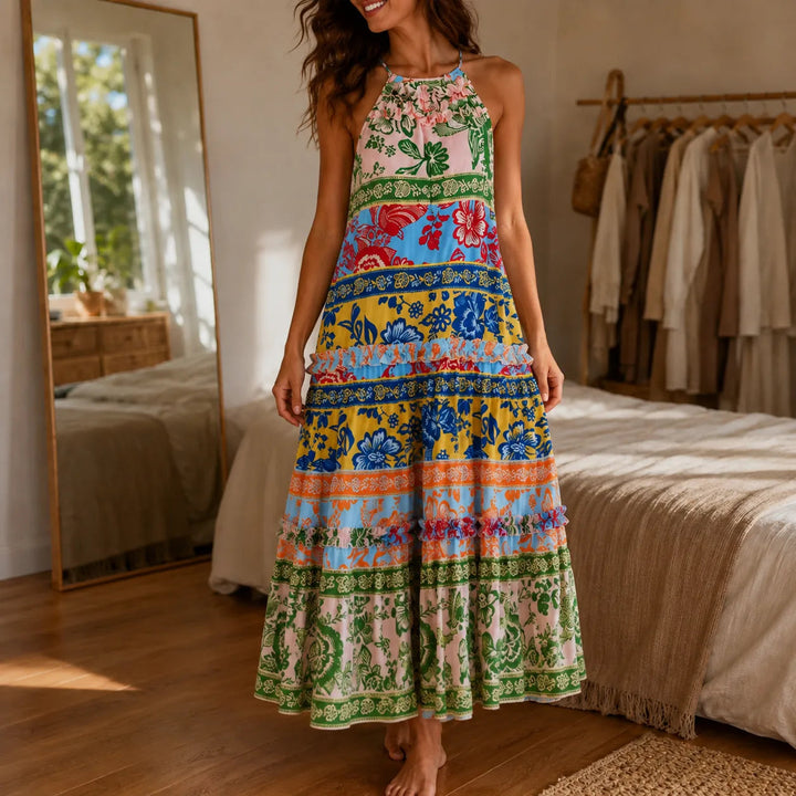 Bold Floral Print Halter Maxi Dress for Women