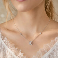 Floating Stone Silver Necklace with Pavé Halo