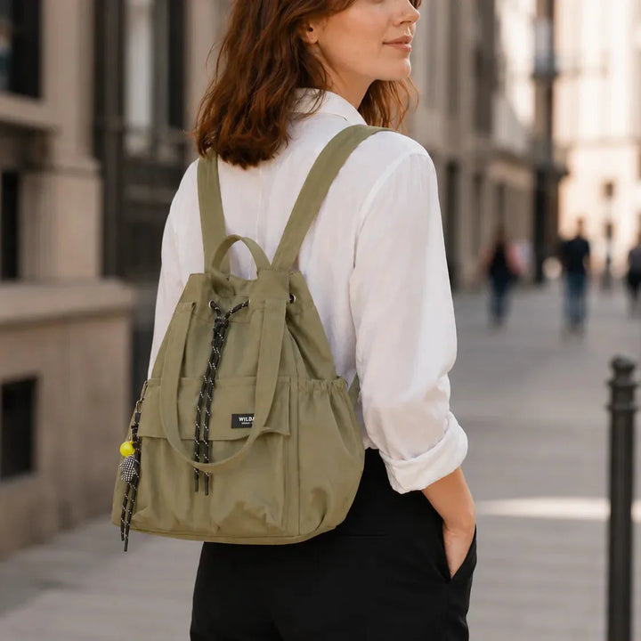 Convertible Drawstring Canvas Tote Backpack with Cargo Pockets