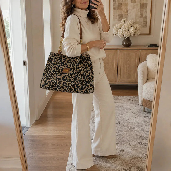 Woven Leopard Print Tote Bag with Leather Trim and Gold Chain