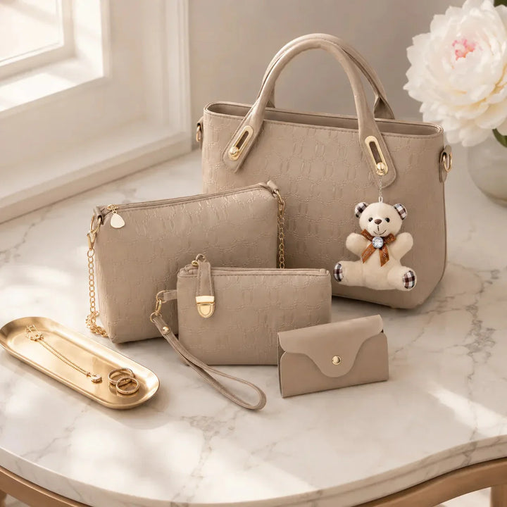 4-Piece Matching Handbag Set, Leather Tote Crossbody Pouch Card Holder