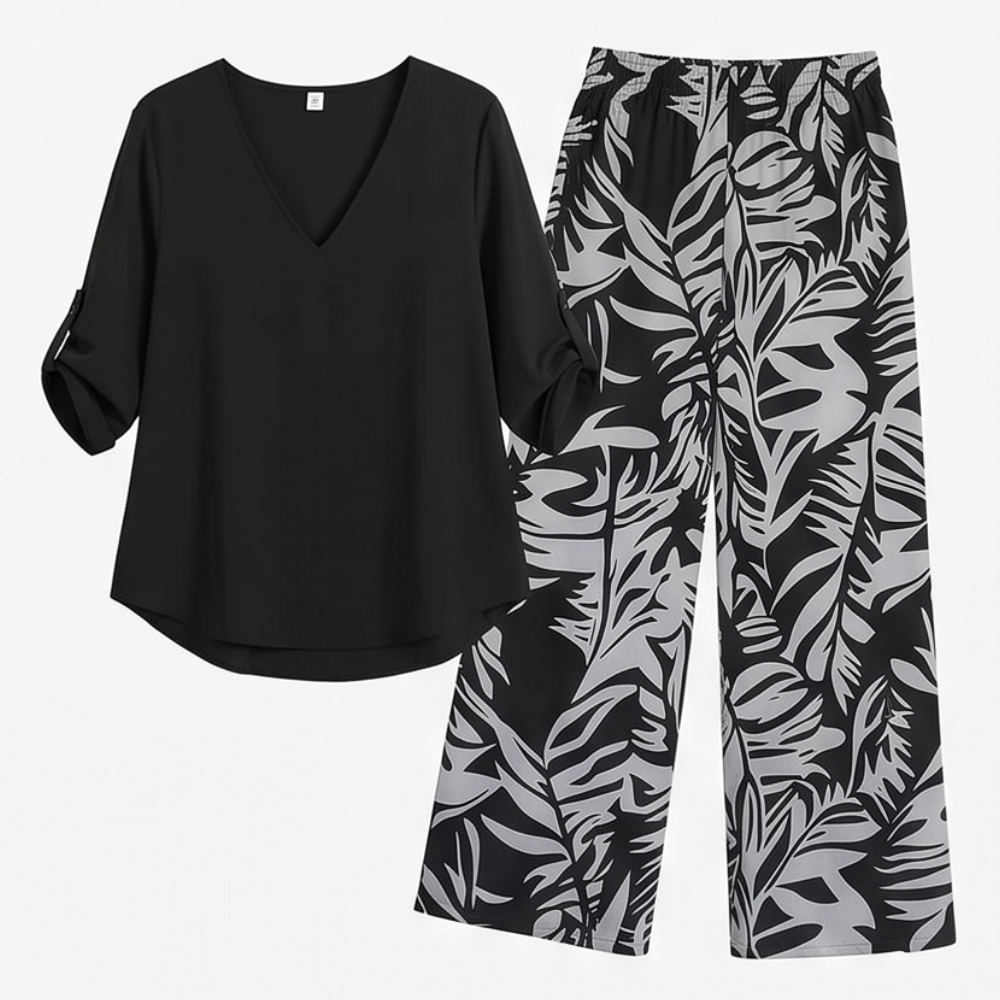 V-Neck Top &amp; Leaf-Print Wide-Leg Pants Set — View 17 | Clova