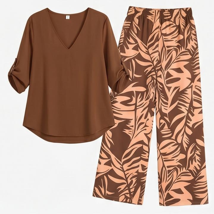 V-Neck Top &amp; Leaf-Print Wide-Leg Pants Set — View 20 | Clova