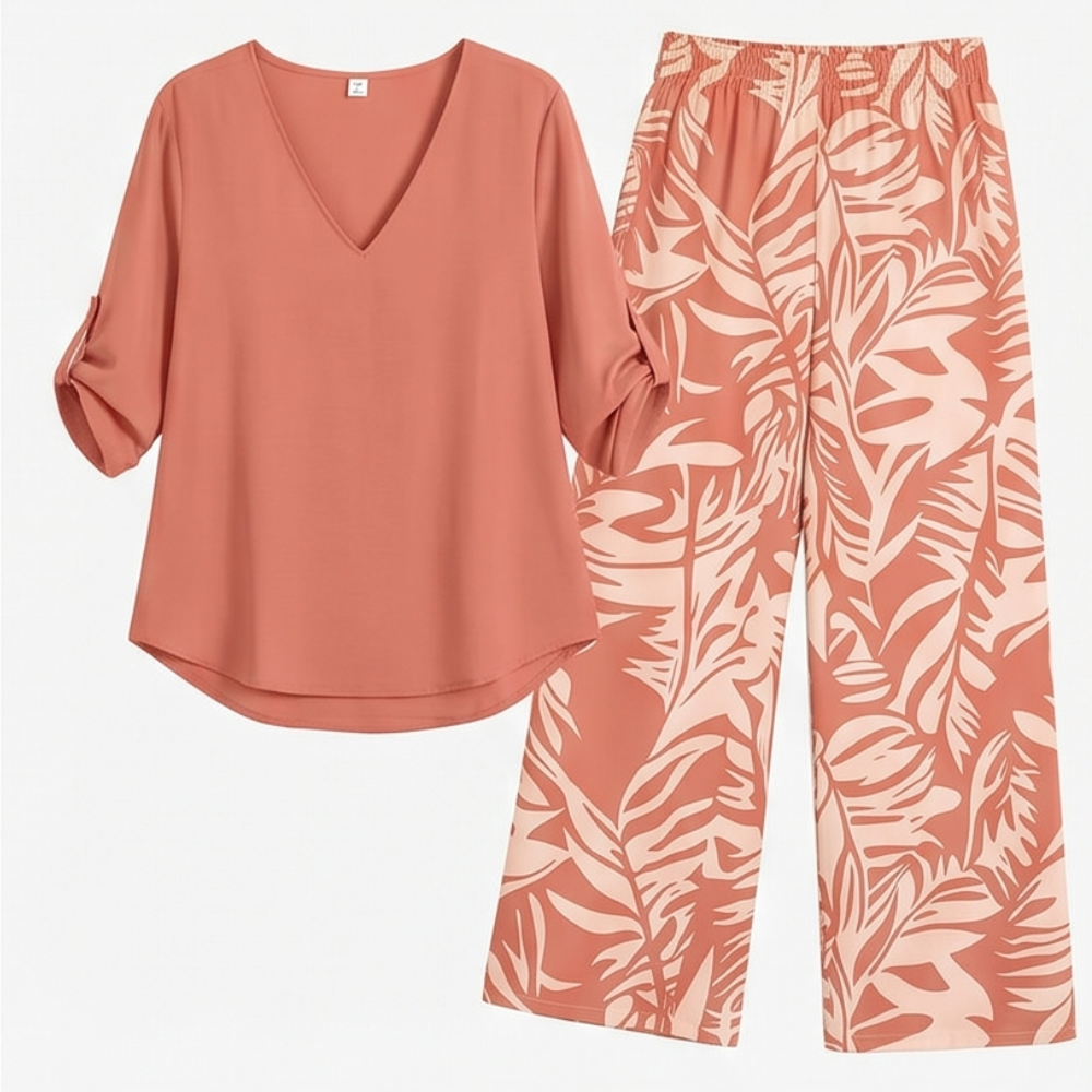V-Neck Top &amp; Leaf-Print Wide-Leg Pants Set — View 21 | Clova