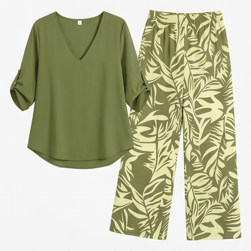 V-Neck Top &amp; Leaf-Print Wide-Leg Pants Set — View 19 | Clova