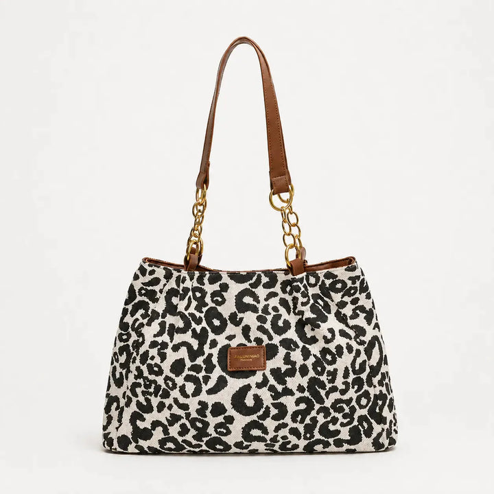 Woven Leopard Print Tote Bag with Leather Trim and Gold Chain