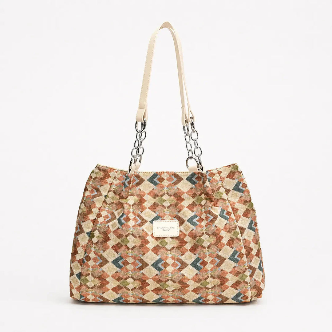 Woven Leopard Print Tote Bag with Leather Trim and Gold Chain