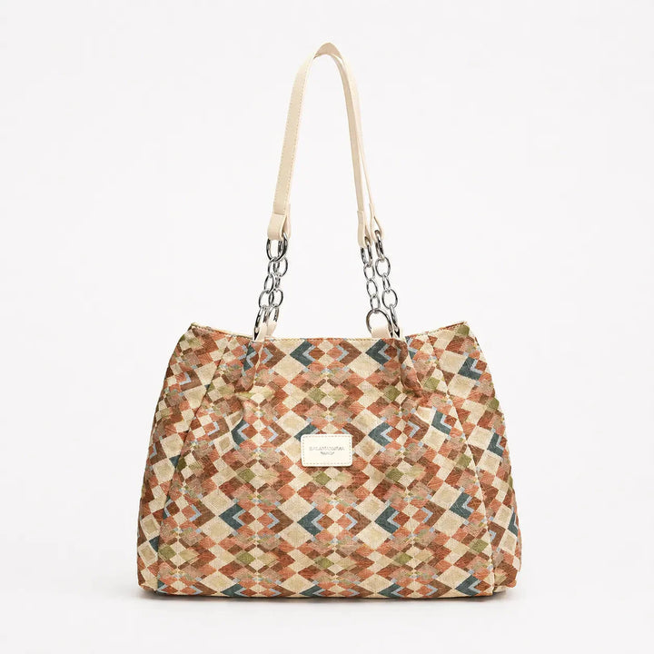 Woven Leopard Print Tote Bag with Leather Trim and Gold Chain