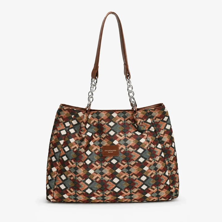 Woven Leopard Print Tote Bag with Leather Trim and Gold Chain