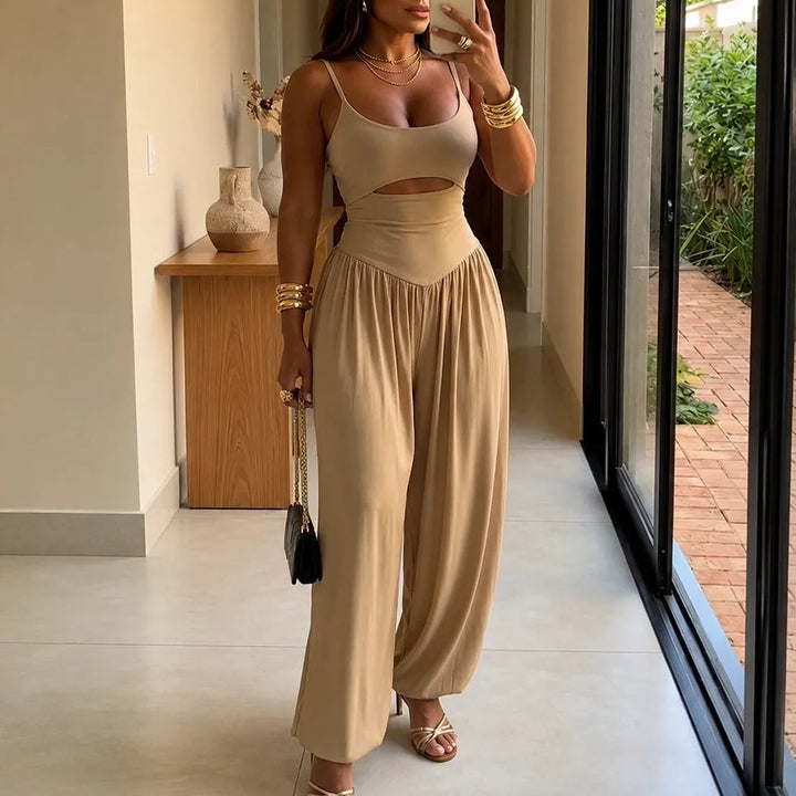 Sleeveless Cutout Wide Leg Jumpsuit with Adjustable Back Tie