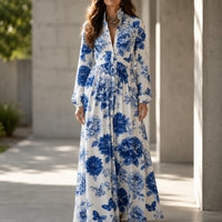 Blue Floral Peony Button-Front Maxi Shirt Dress with Pockets
