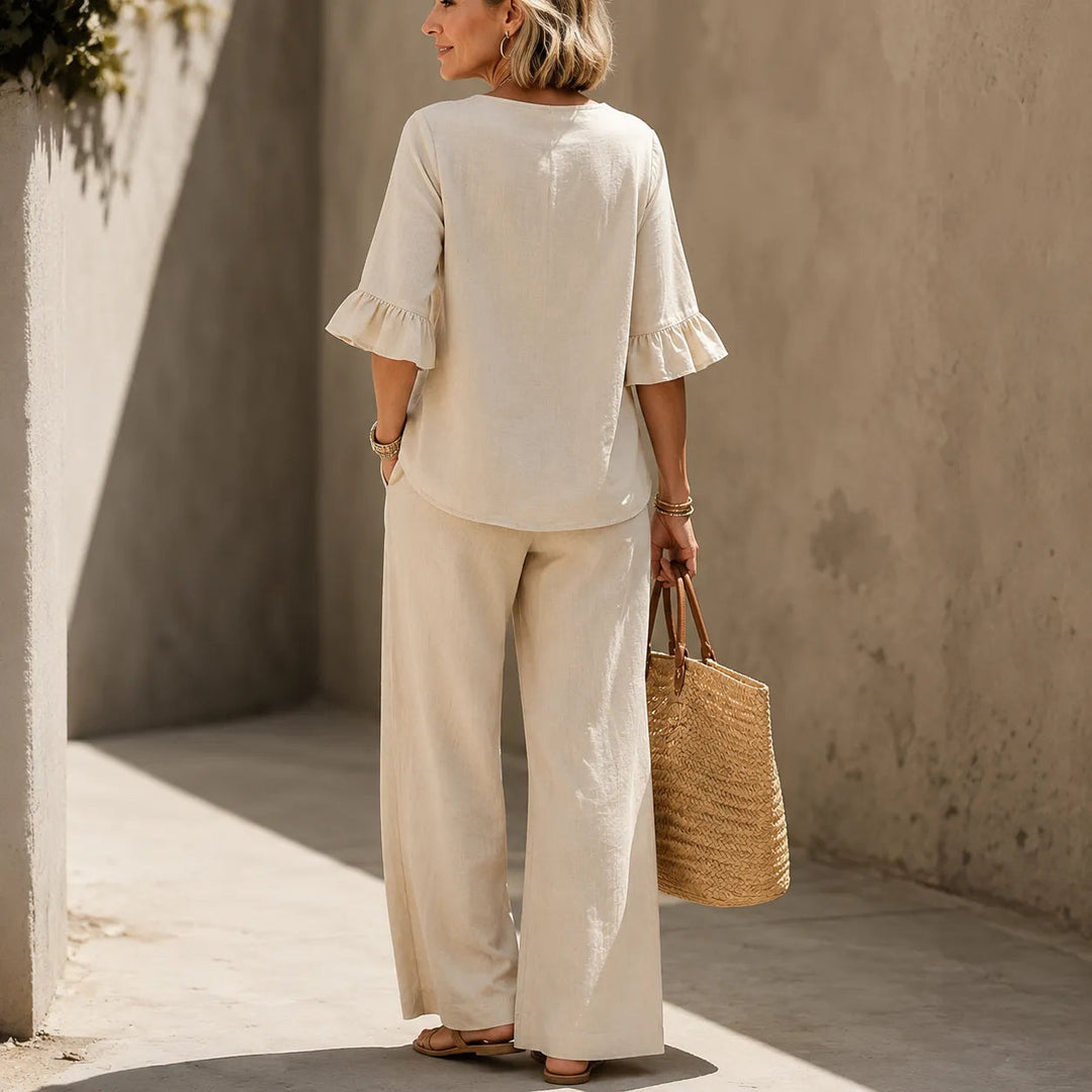 Linen-Look 2-Piece Set, Ruffle-Cuff Top &amp; Wide-Leg Trousers, Women&