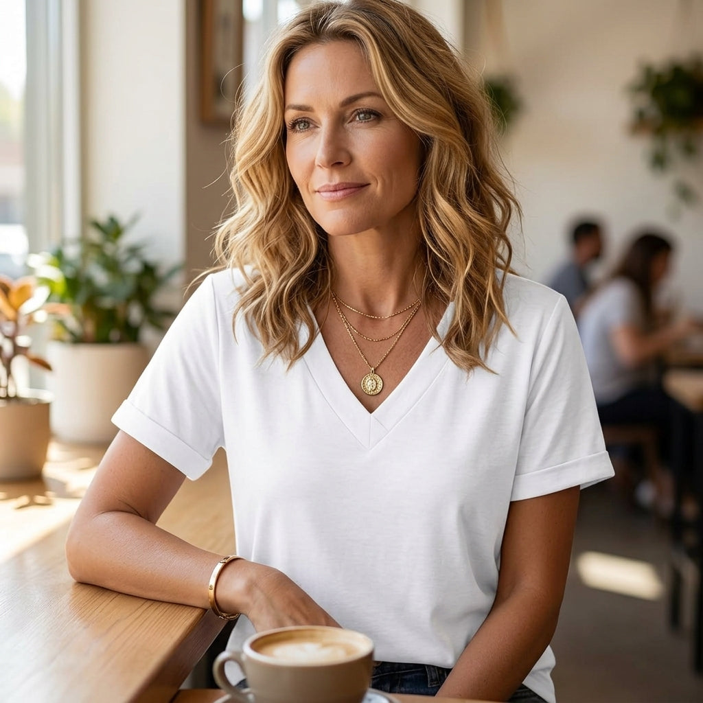 Soft V-Neck Tee with Rolled Cuffs