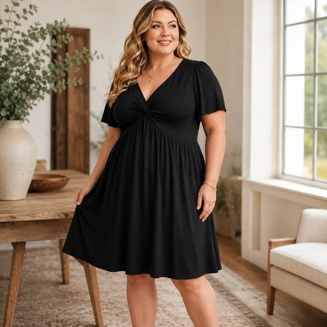 Plus Size V-Neck Twist Front Flutter Sleeve Dress with Pockets