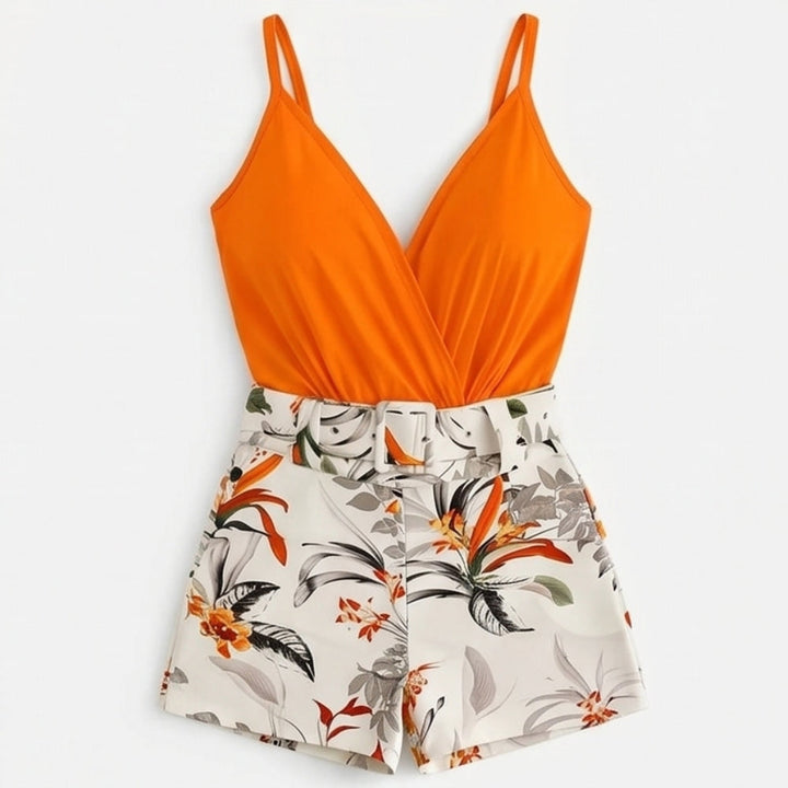 Wrap V-Neck Summer Set with Floral Shorts