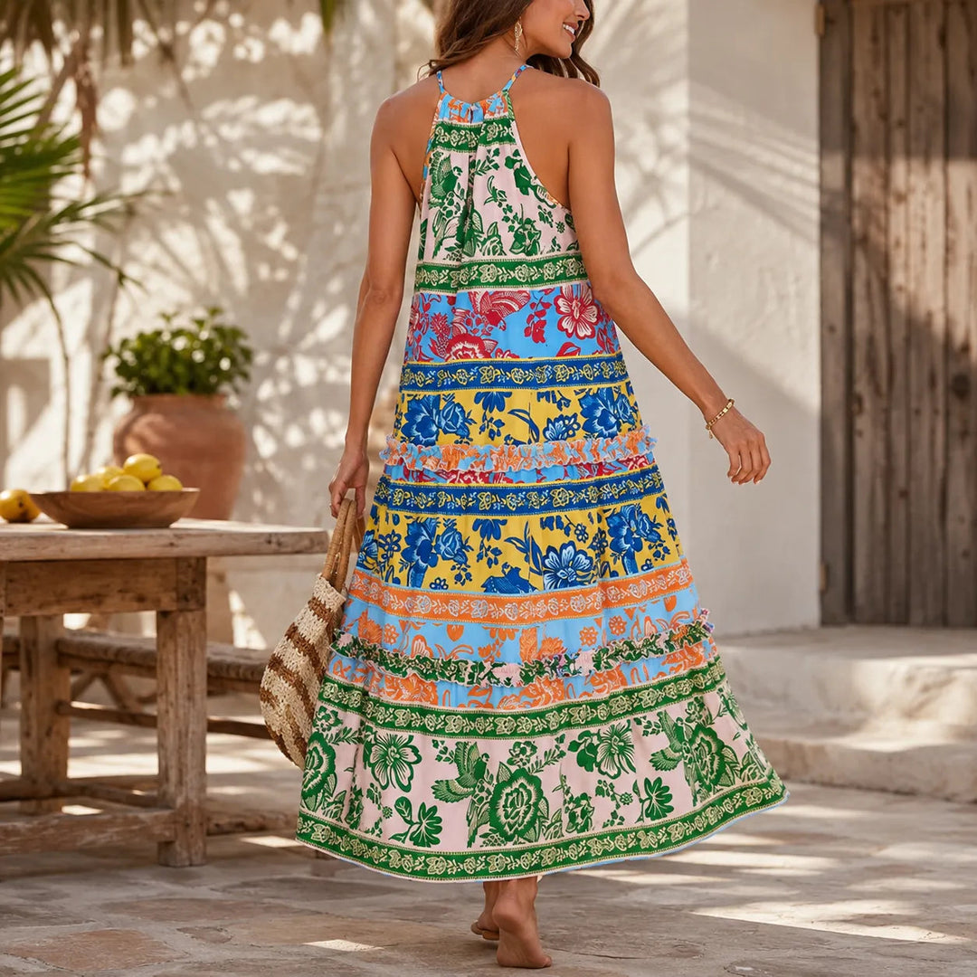 Bold Floral Print Halter Maxi Dress for Women