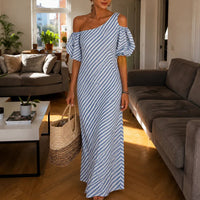 Striped Off Shoulder Maxi Dress with Puff Sleeves