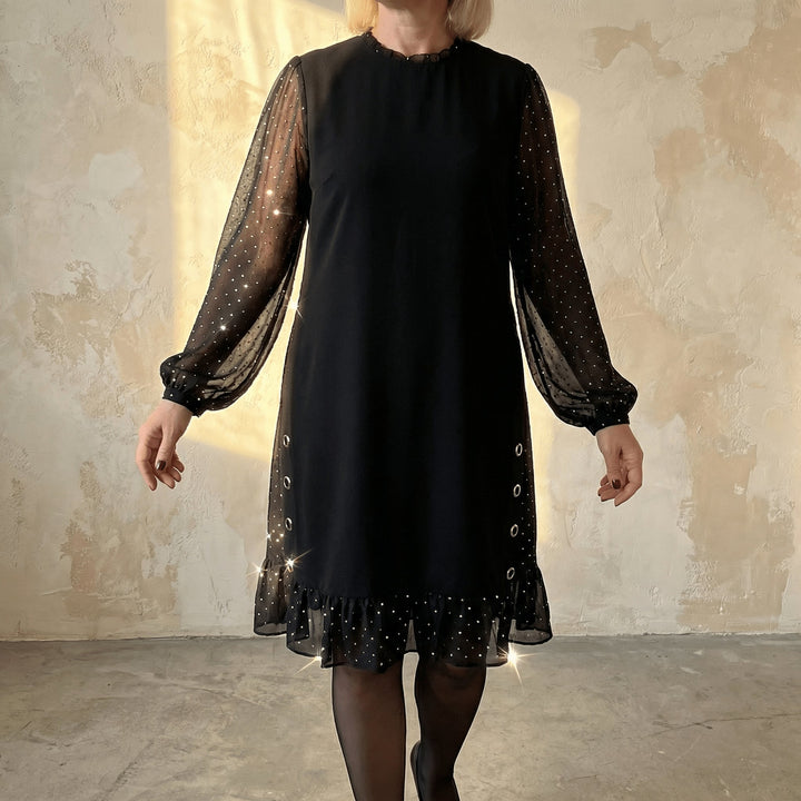 Rhinestone Mesh Sleeve Dress with Ruffle Hem