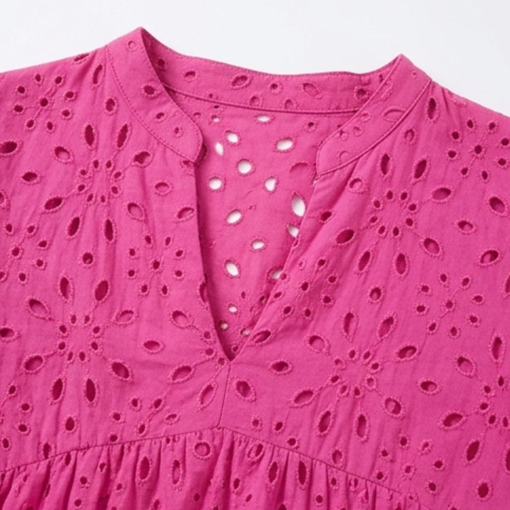 Flowy V-Neck Eyelet Dress for Curvy Fit