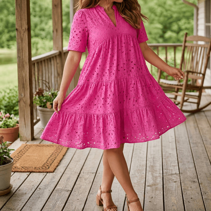 Flowy V-Neck Eyelet Dress for Curvy Fit
