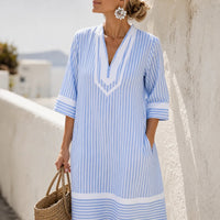 Striped V-Neck Tunic Dress with Pockets