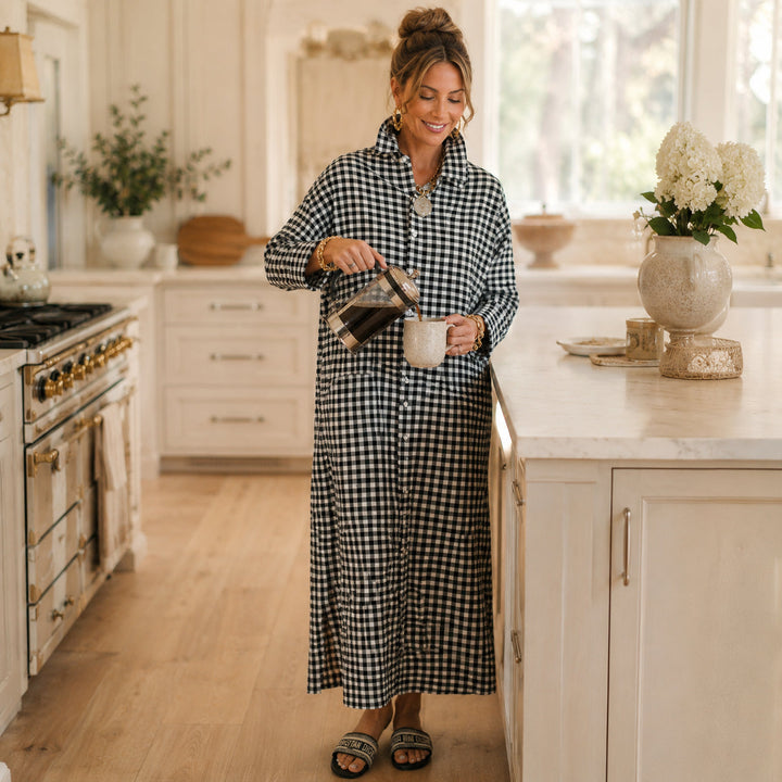 Gingham Button-Front Maxi Shirt Dress with Side Slits