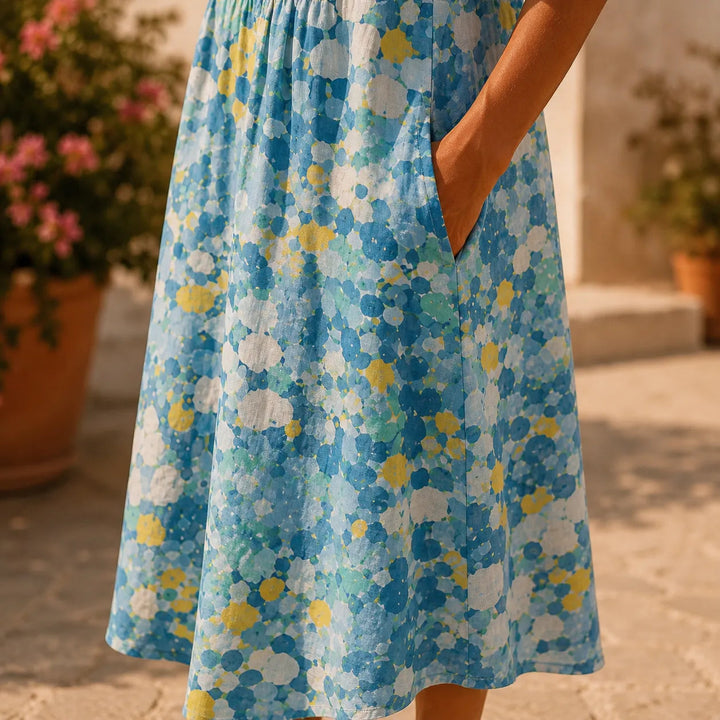 Watercolor print flowing midi dress with pockets