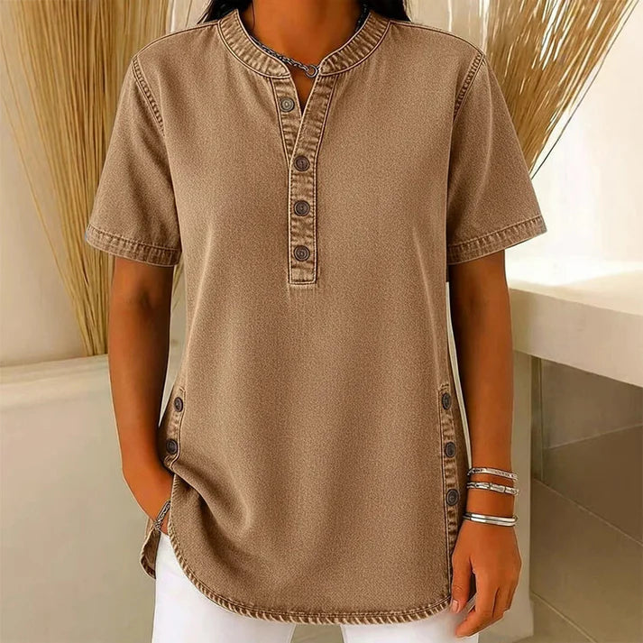 Henley Tunic Top with Side Buttons for Women