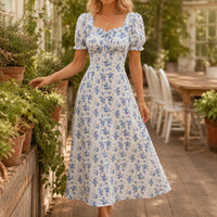 Floral Midi Dress with Tie-Front Square Neckline