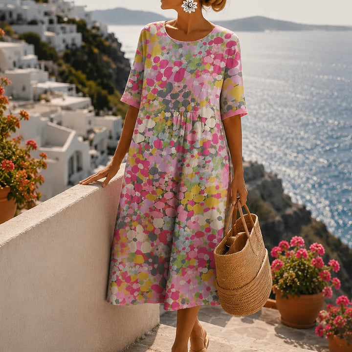 Watercolor print flowing midi dress with pockets
