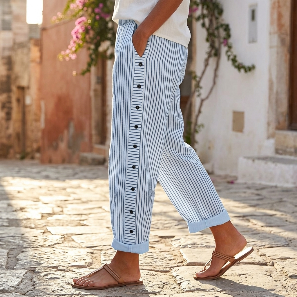 Striped Cotton Pants with Button Trim