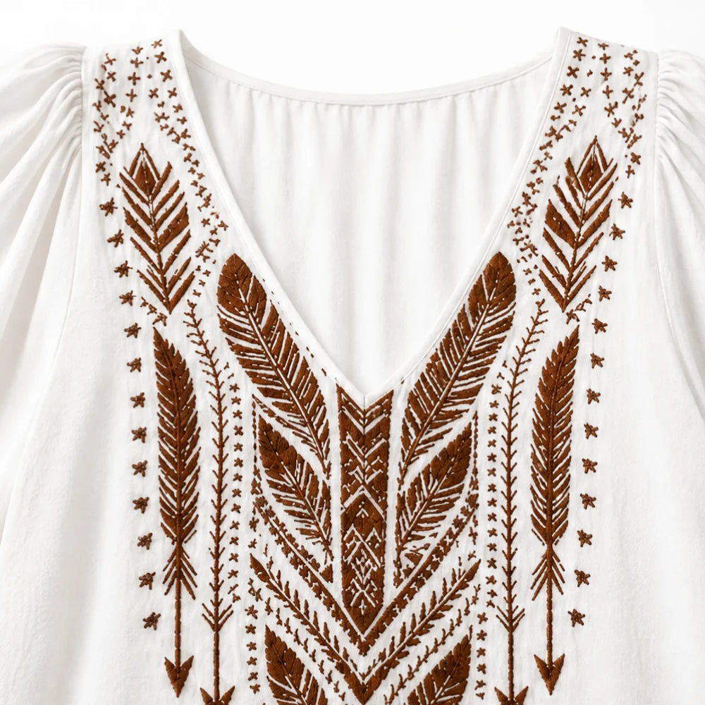 Embroidered Boho Blouse, V-Neck, Balloon Sleeve