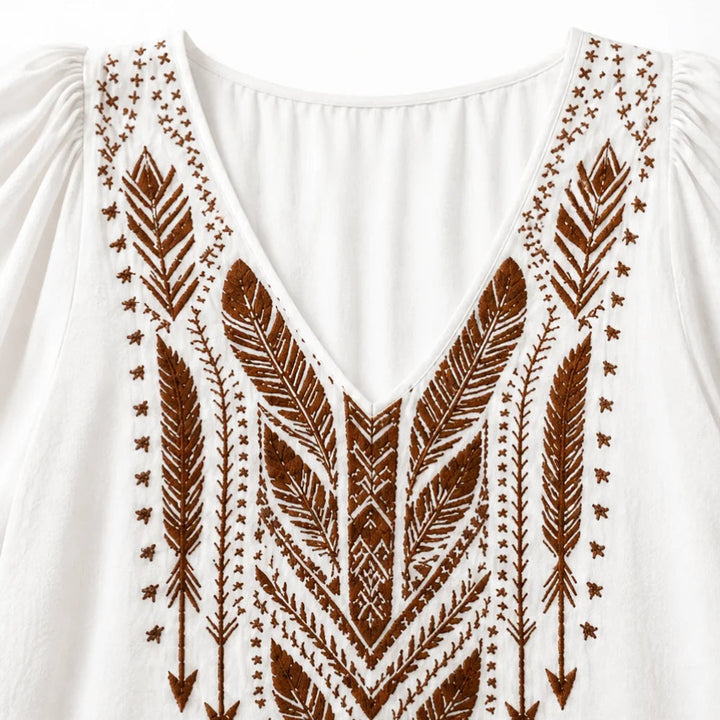 Embroidered Boho Blouse, V-Neck, Balloon Sleeve