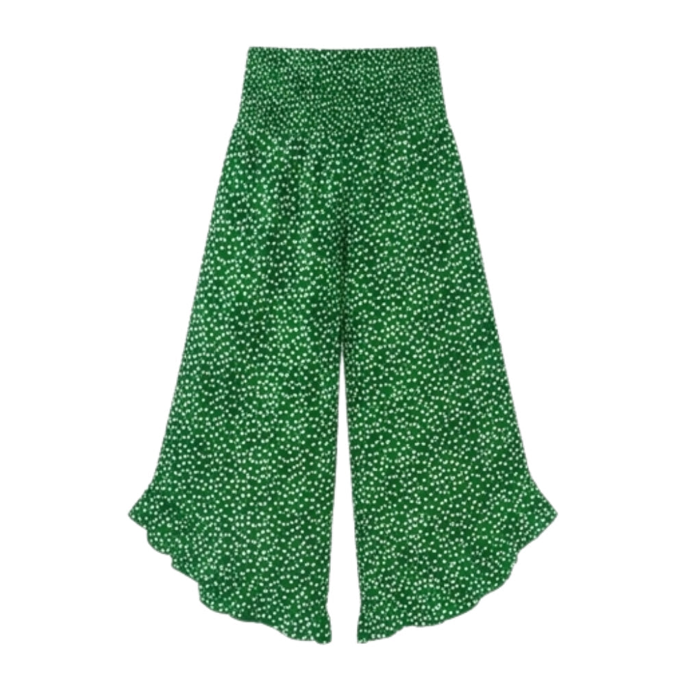 Smocked Wide-Leg Ruffle Pants