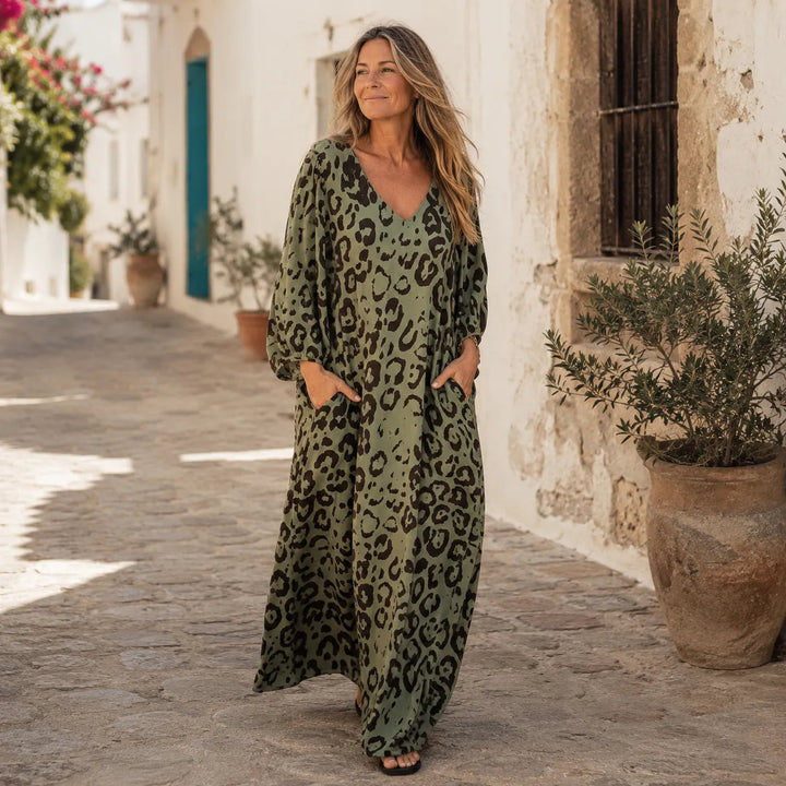Leopard Print V-Neck Maxi Dress with Pockets, Loose Kaftan Fit, 4 Colors