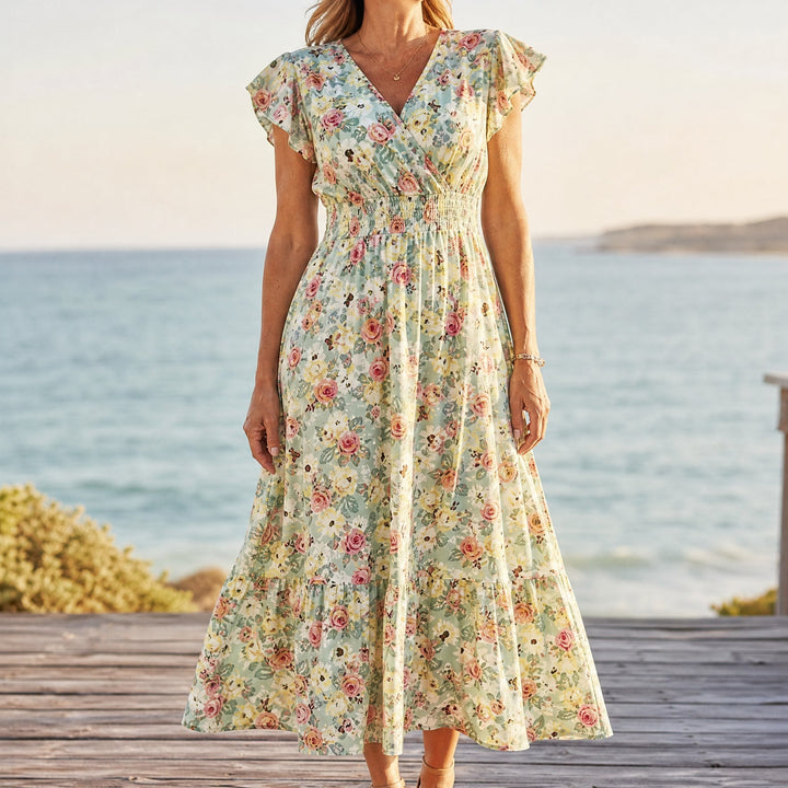 Floral V-Neck Smocked Waist Midi Dress