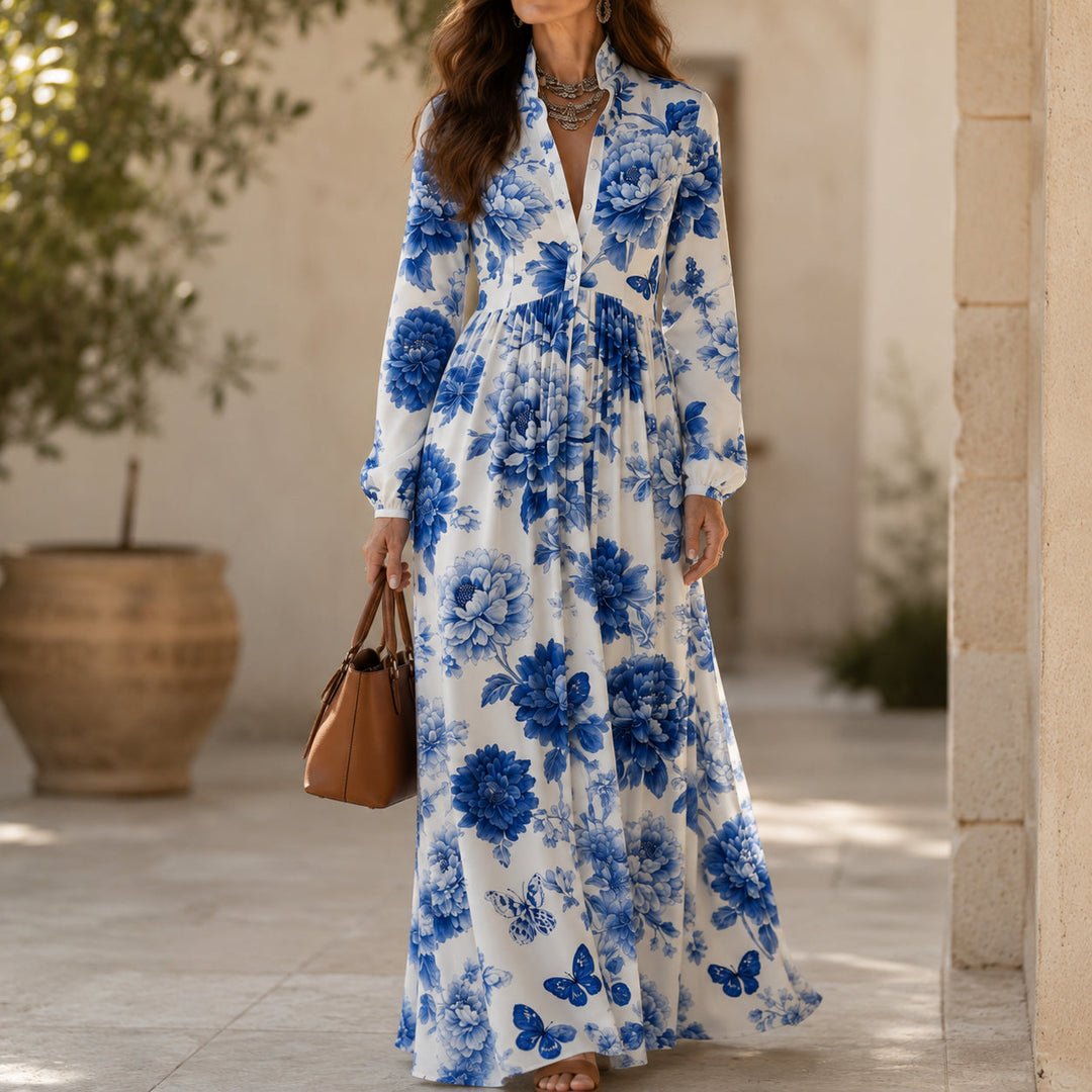 Blue Floral Peony Button-Front Maxi Shirt Dress with Pockets