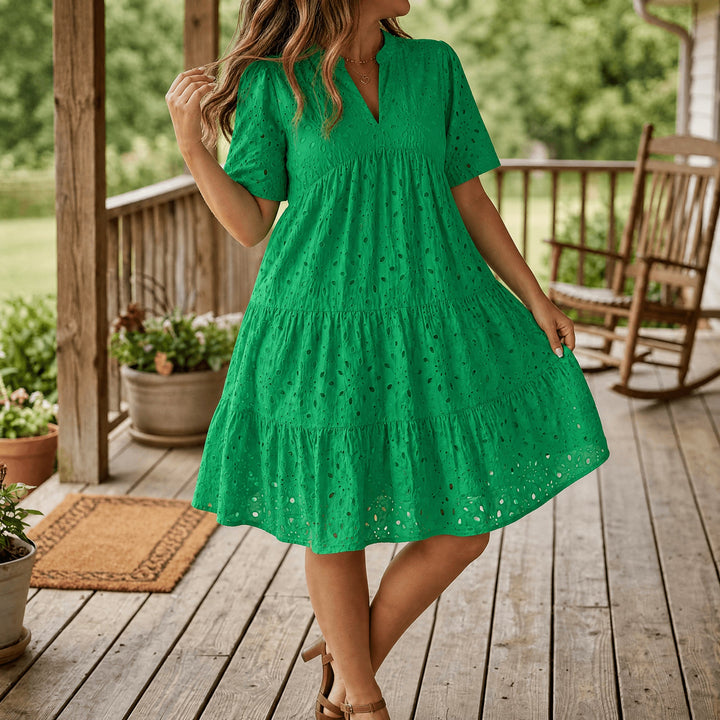 Flowy V-Neck Eyelet Dress for Curvy Fit