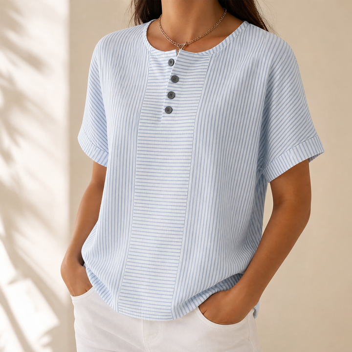 Striped Henley Top with Slimming Stripe Panel | Clova Women&