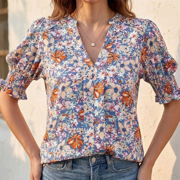Floral Puff Sleeve V-Neck Blouse | Clova Women&