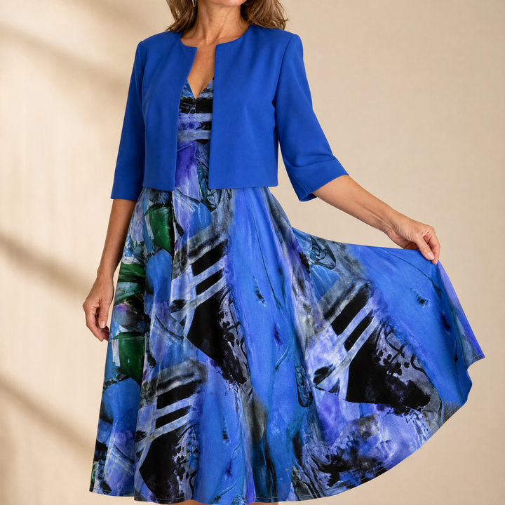 Printed Midi Dress with Attached Cardigan | Clova Women&