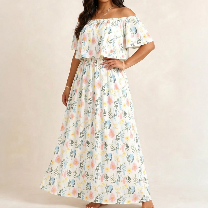 Off-Shoulder Floral Maxi Dress with Hidden Pockets | Clova Women&