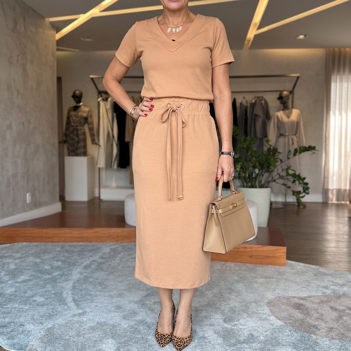 Ribbed V-Neck Top and Midi Skirt Set | Clova Women&
