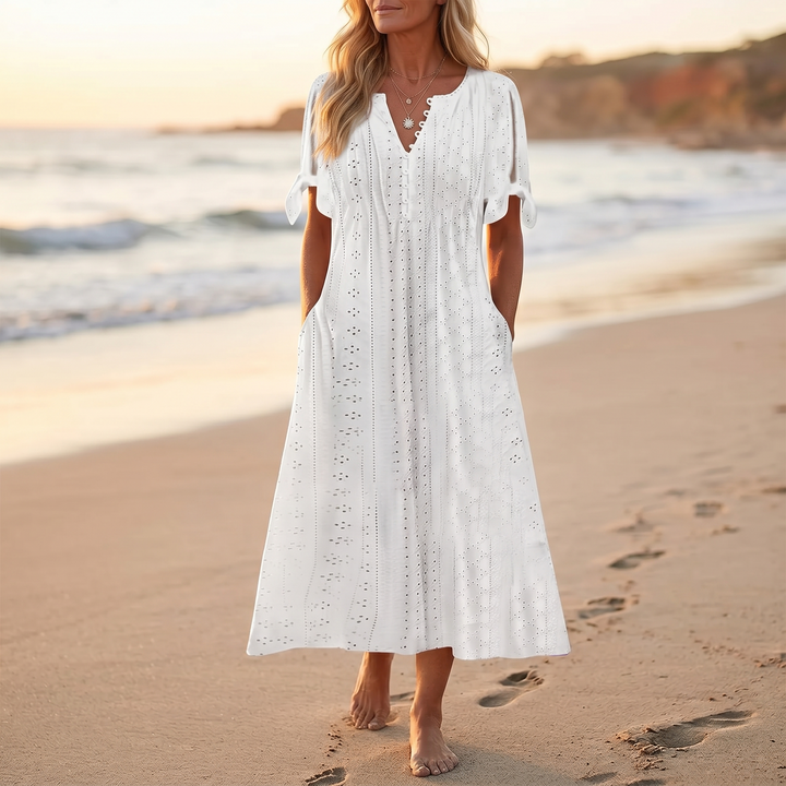 Eyelet Midi Dress with Tie-Bow Sleeves | Clova Women&