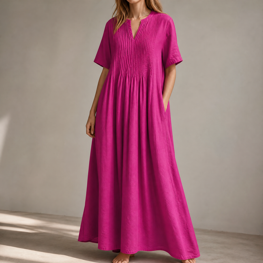 Pin-Tuck Cotton Maxi Dress with Pockets | Clova Women's Fashion
