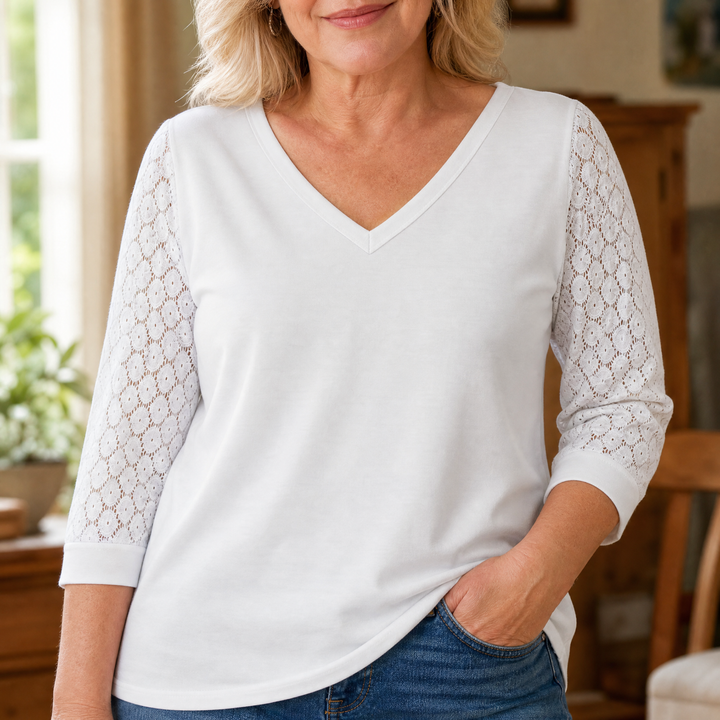 Crochet Lace Sleeve V-Neck Top | Clova Women&