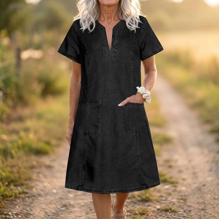 V-Neck Denim Dress with Pockets | Clova Women&