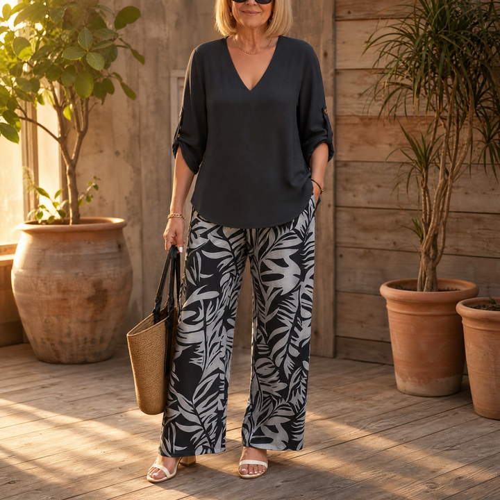 V-Neck Top &amp; Leaf-Print Wide-Leg Pants Set | Clova Women&